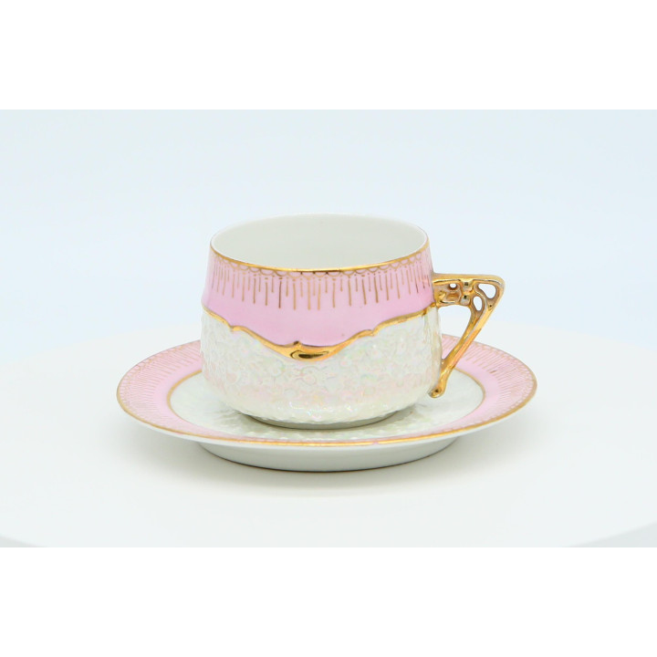 Antique 1900s Porcelain Tea Cup & Saucer - Pink & Lustre