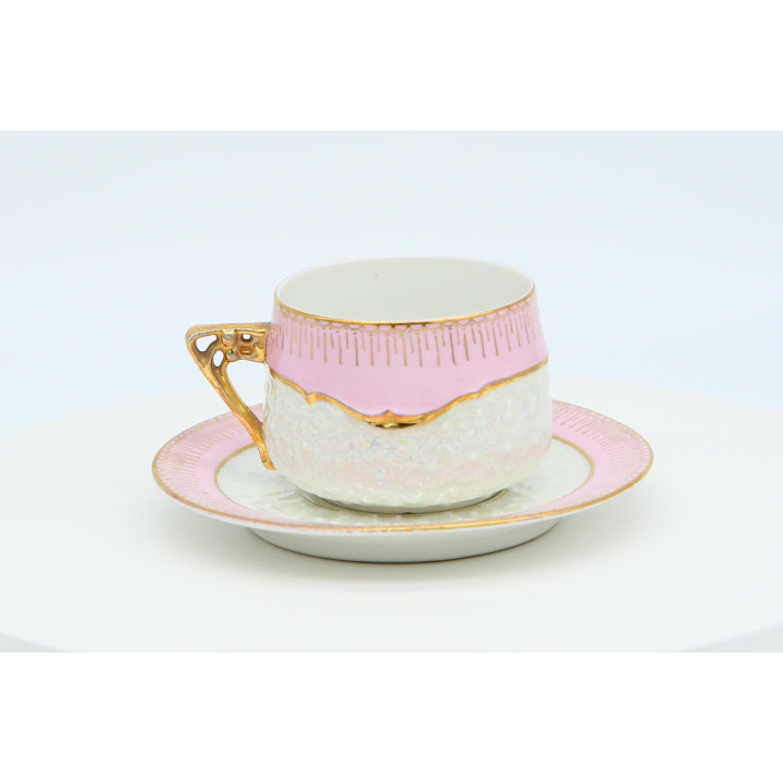 Tazza e piattino in porcellana antica 1900-1910 - Rosa e lustro