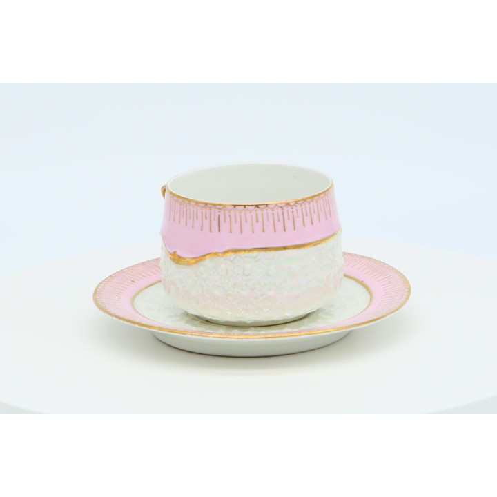 Tazza e piattino in porcellana antica 1900-1910 - Rosa e lustro