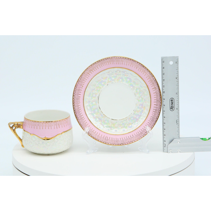 Antyczna filiżanka i spodek z porcelany ok. 1900 - Róż i lustr