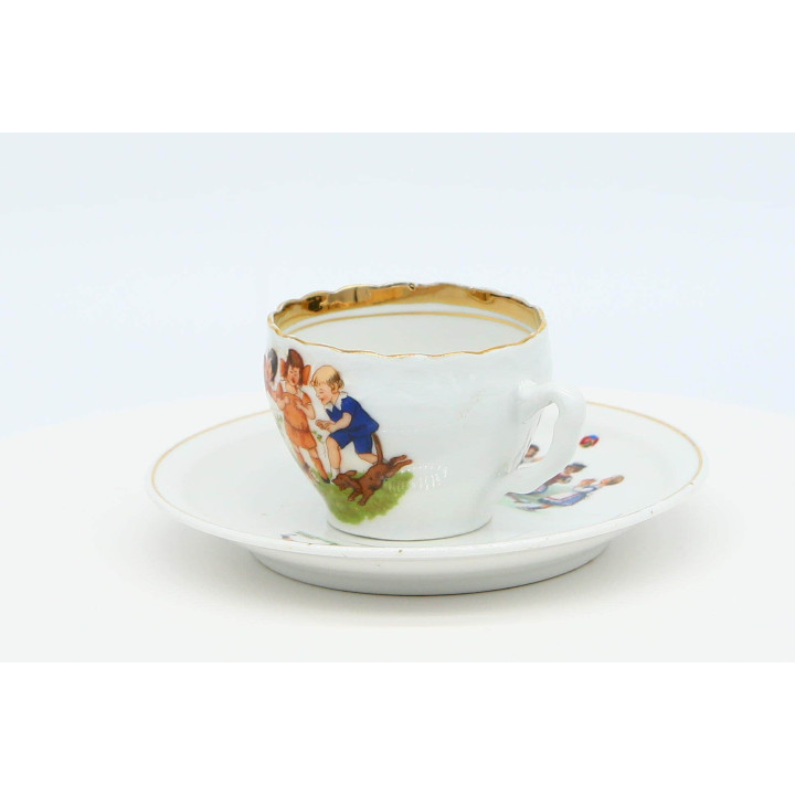 Juego Taza y Platillo Porcelana Alemana Kindergeschirr 1900
