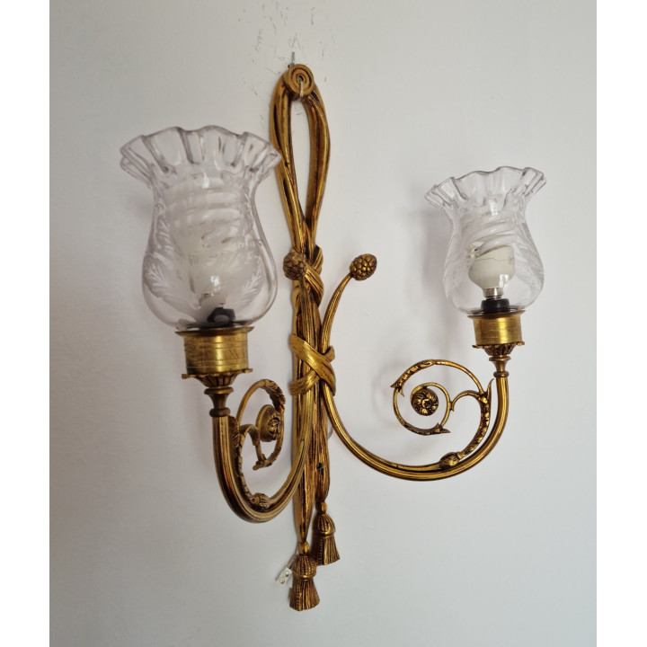 Aplique de pared vintage de bronce y cristal