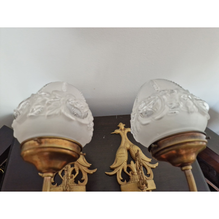 Coppia di applique anni '30 / Lampade da parete in bronzo e vetro