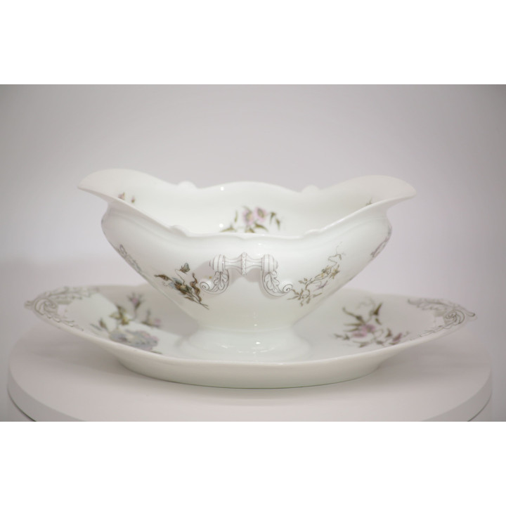 Vintage White Porcelain Gravy Boat with Floral Motif