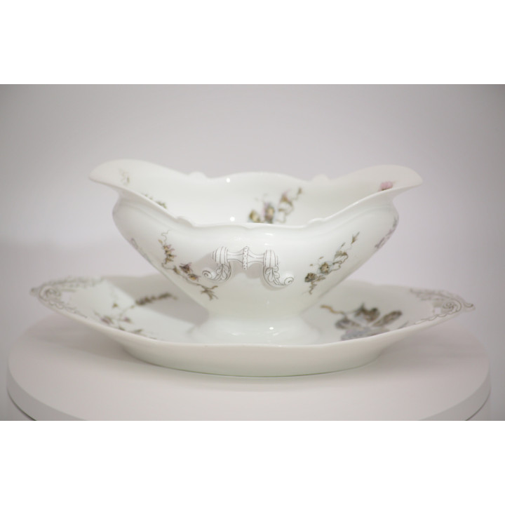Vintage White Porcelain Gravy Boat with Floral Motif