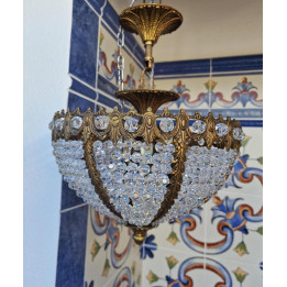 Vintage Empire Stijl Plafondlamp Messing en Kristal, 1950