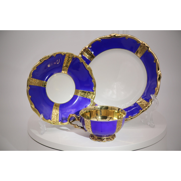 Trio de Chá Bareuther Bavaria Azul Cobalto e Ouro - Anos 50