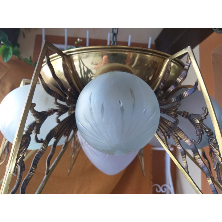 Lampadario Art Nouveau in Ottone, Anni '50