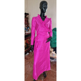 Ensemble Vintage Pilar Diez 1980 Haute Couture Soie Fuchsia - XS