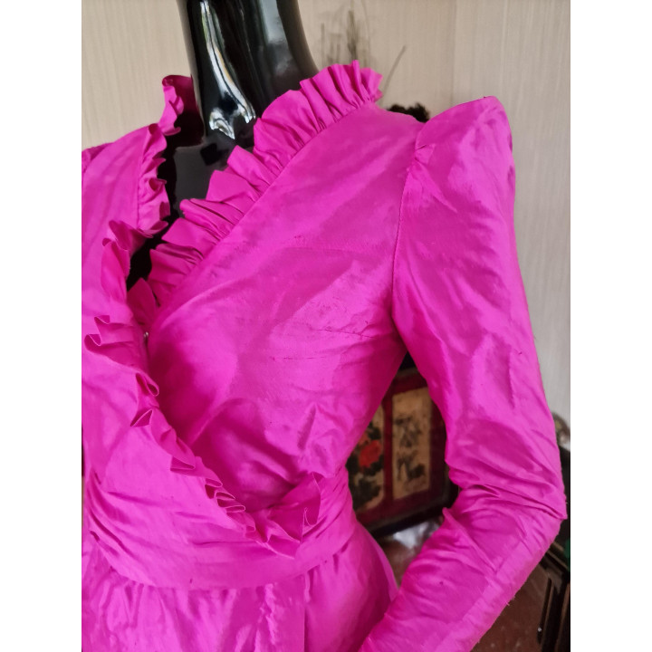 Ensemble Vintage Pilar Diez 1980 Haute Couture Soie Fuchsia - XS