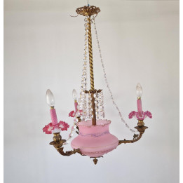 Candeeiro Vintage 1920 Vidro Rosa e Latão