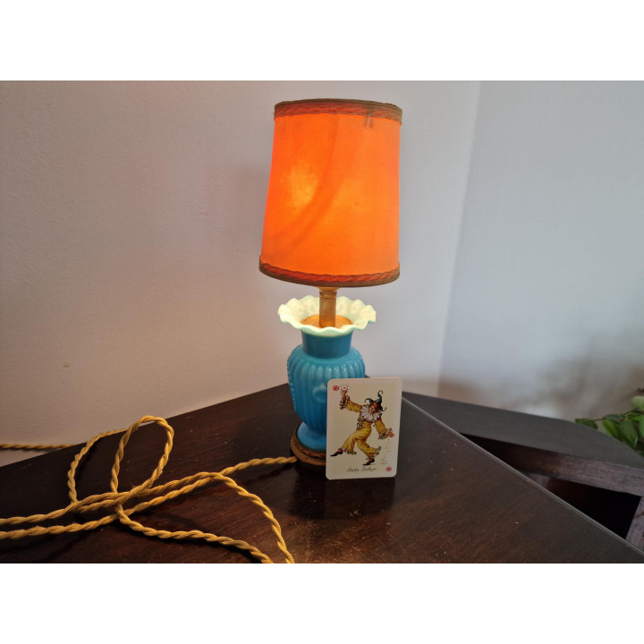Lampa stołowa vintage lata 40., niebieskie szkło opalowe