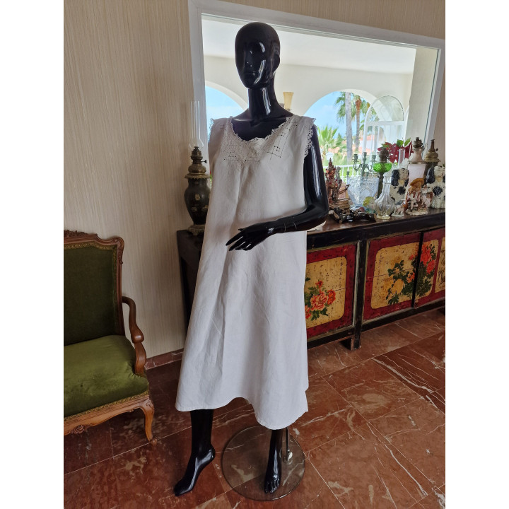 Antique 1920s Linen Nightgown - Hand Embroidered