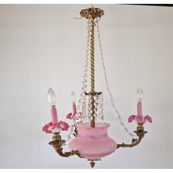 1920s Vintage Pink Glass & Brass Chandelier