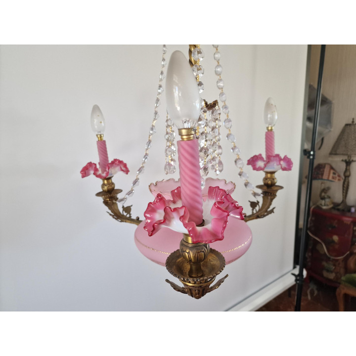 Lustre Vintage 1920 Verre Rose et Laiton