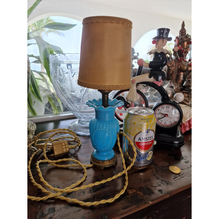 Candeeiro de mesa vintage anos 40, vidro opala azul