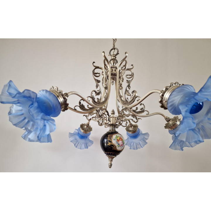 Lustre Vintage de Bronze Prateado e Porcelana - Anos 60
