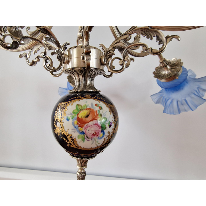Vintage-Kronleuchter aus versilberter Bronze und Porzellan