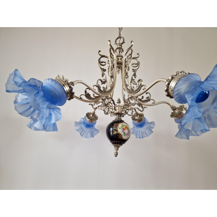 Lampadario Vintage in Bronzo Argentato e Porcellana anni '60