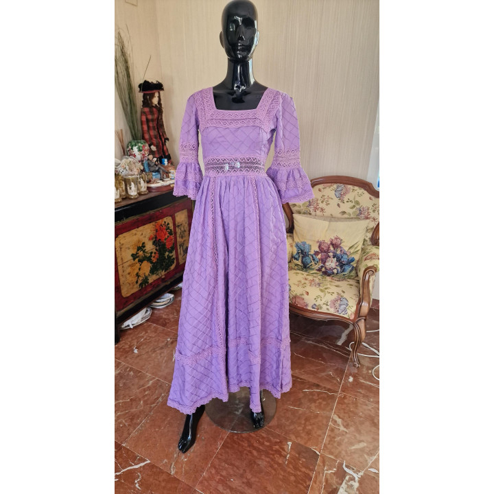 Vintage 1970s Mexican Cotton Maxi Dress with Lace
