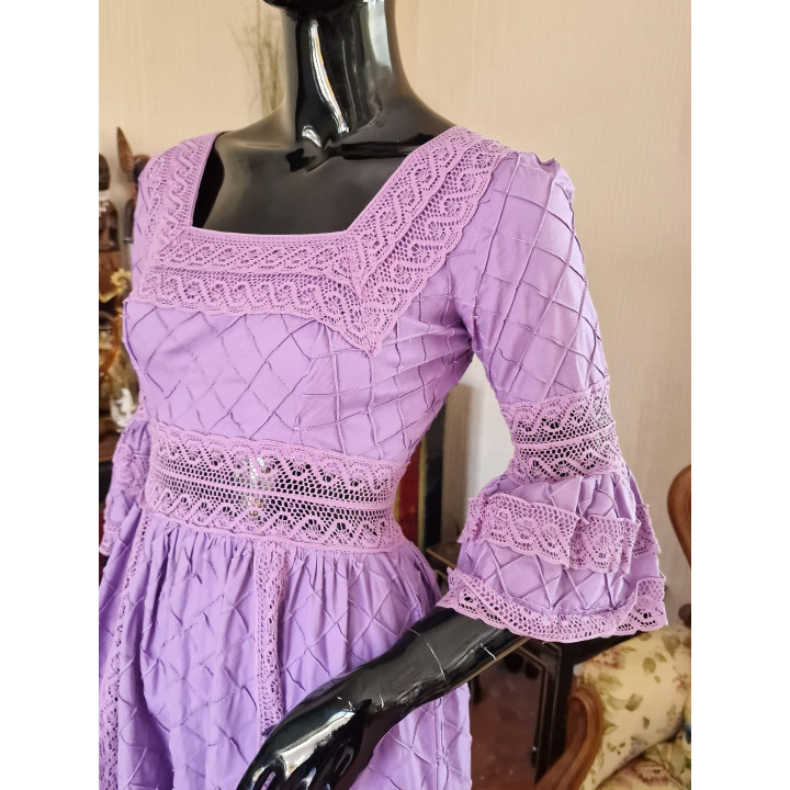 Vestido Maxi Mexicano de Algodón Años 70 con Encaje
