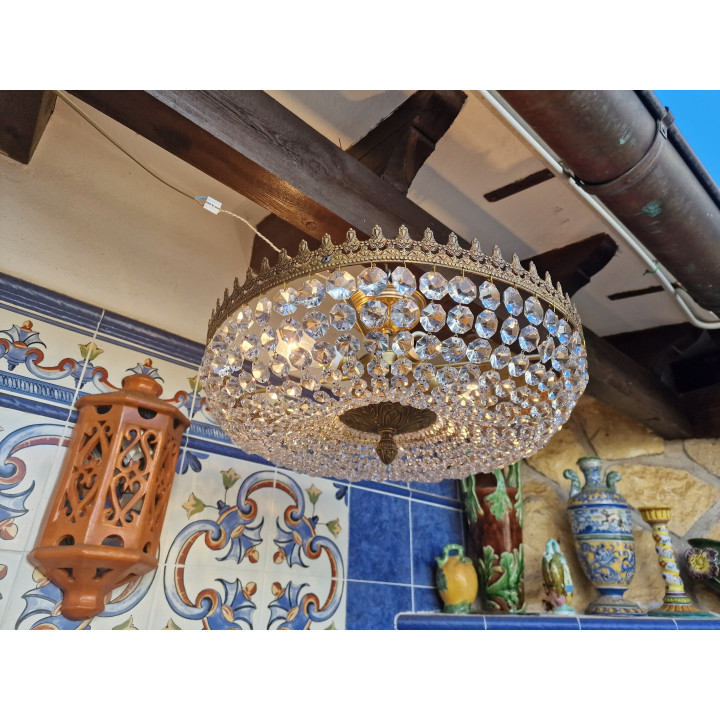 Vintage 1950s Spanish Brass & Rock Crystal Ceiling Lamp