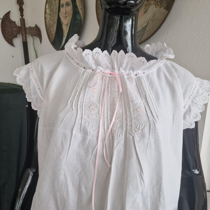 Chemise de Nuit Ancienne en Lin - Broderie Anglaise 1900