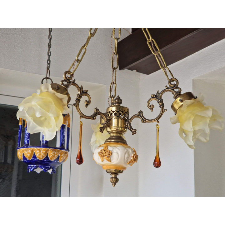 Vintage 1960s Florentine Ceiling Lamp - Manises Ceramic & Glass