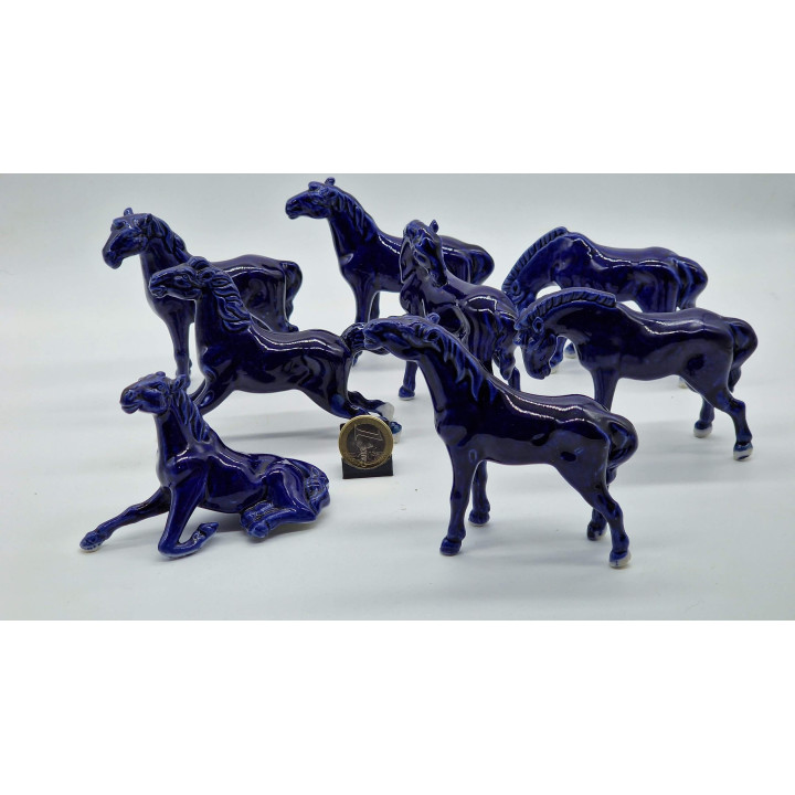 8 Cobalt Blue Porcelain Horse Figurines - Mid-20th Century