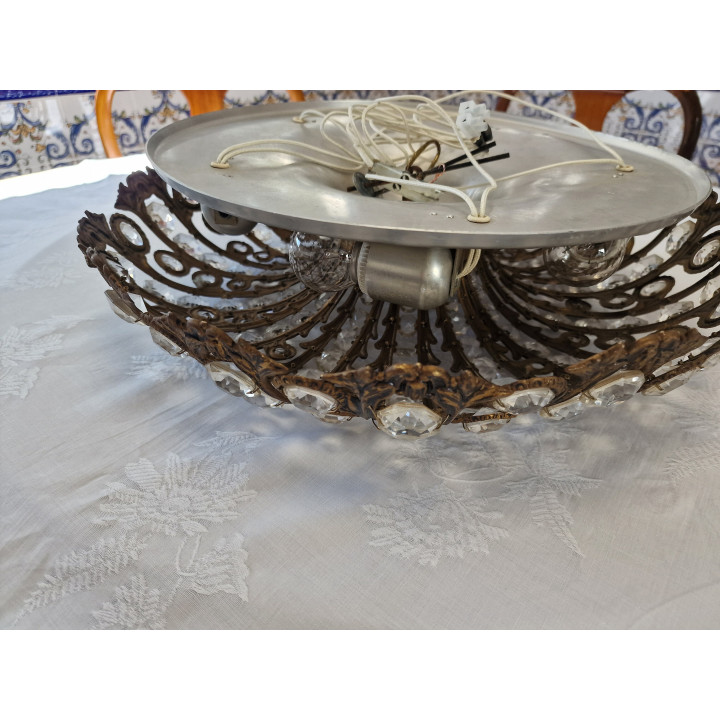 Peris Andreu 1960s Vintage Brass & Crystal Flush Mount Lamp