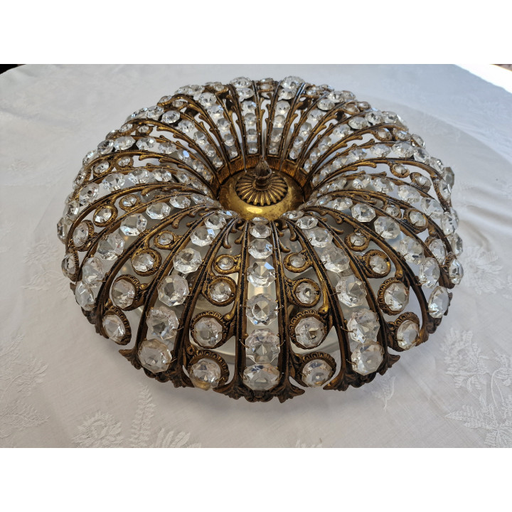 Peris Andreu 1960s Vintage Brass & Crystal Flush Mount Lamp