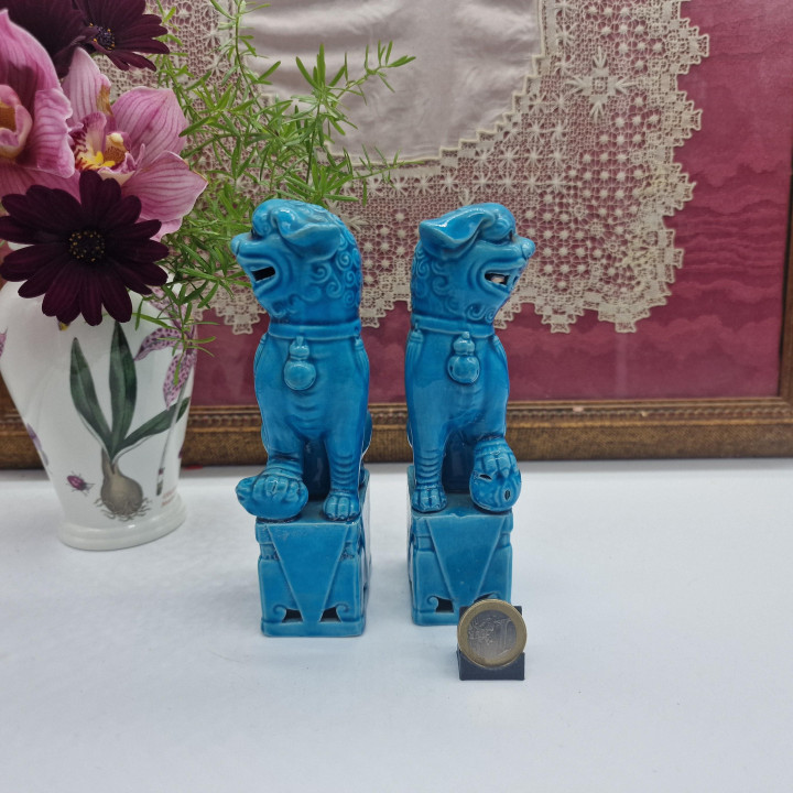 Paire de Lions de Fo en Porcelaine Turquoise - Chiens de Fu