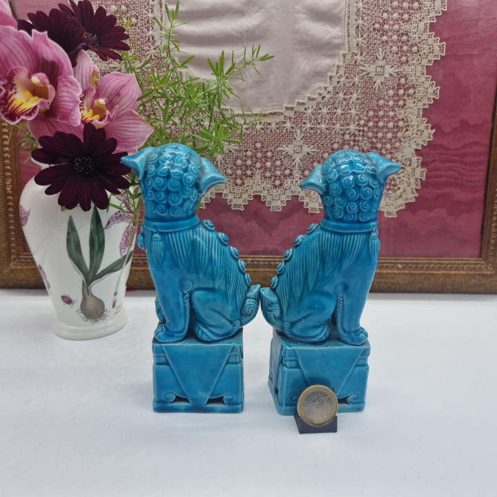 Para Chińskich Lwów Strażników (Psy Fu) - Turkusowa Porcelana