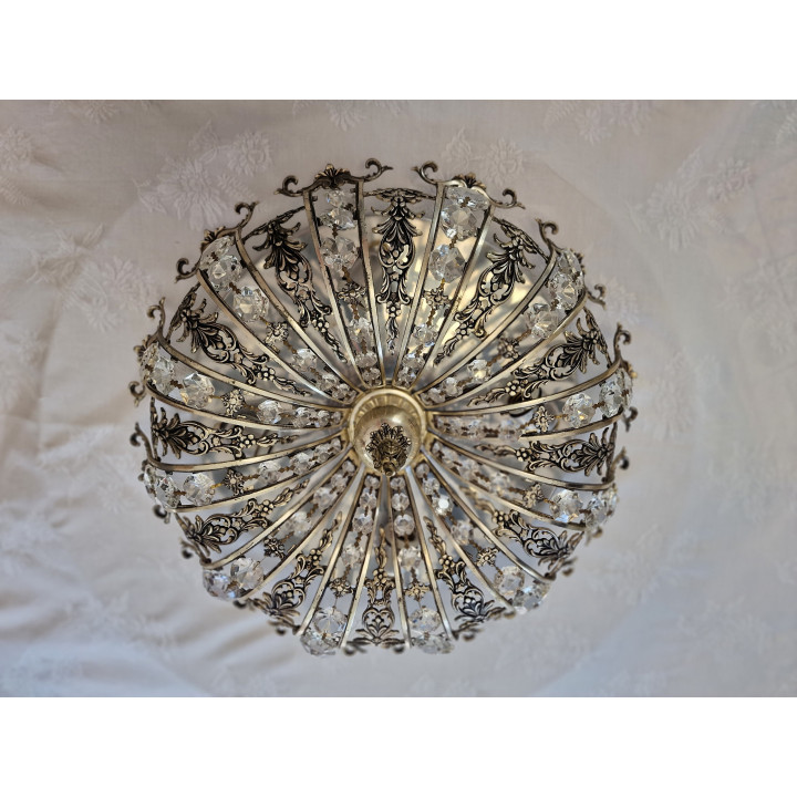 Plafonnier Vintage Laiton Argenté et Cristal Espagne 1960