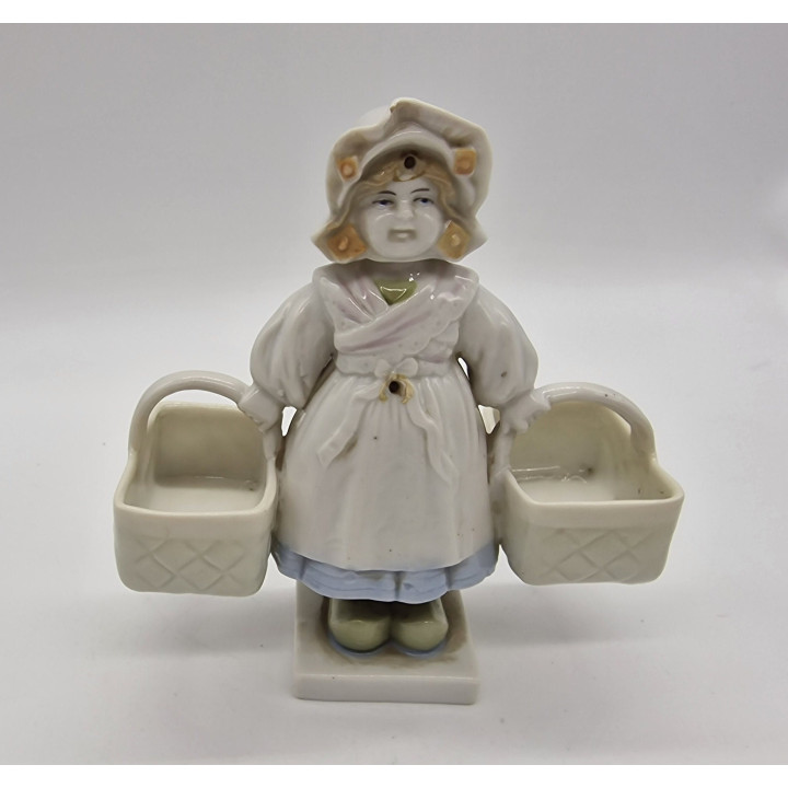 Figura Nodder de Porcelana Mid-Century Niña con Cestas