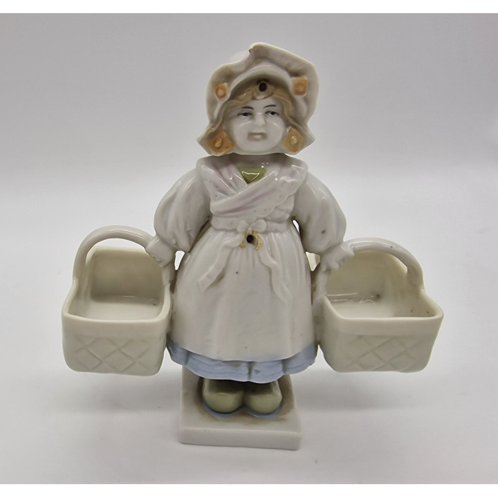 Figura Nodder de Porcelana Mid-Century Menina com Cestas