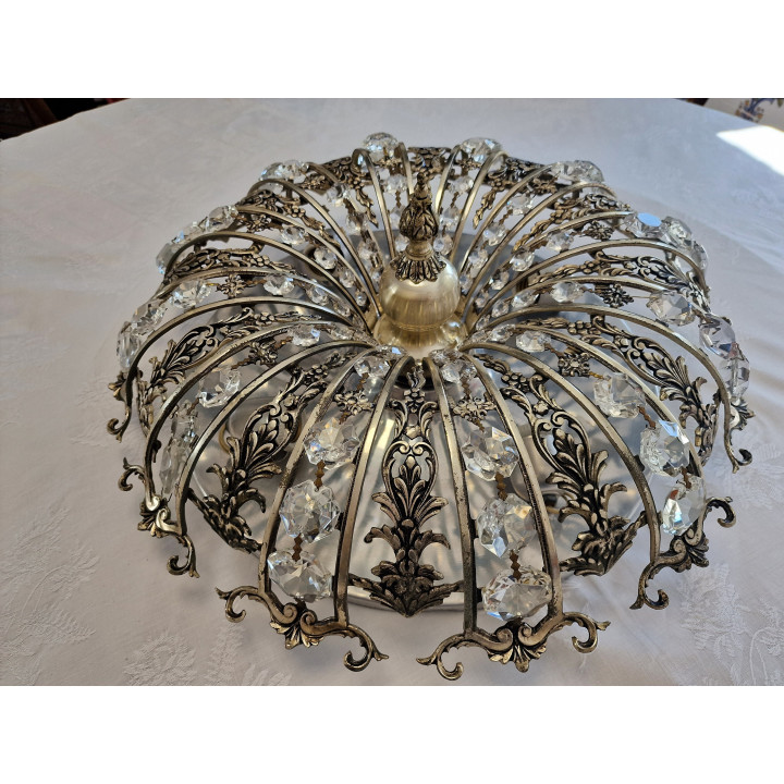 Vintage 1960s Spanish Silvered Brass & Crystal Flush Mount Lamp
