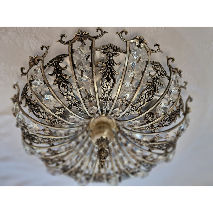 Vintage 1960s Spanish Silvered Brass & Crystal Flush Mount Lamp