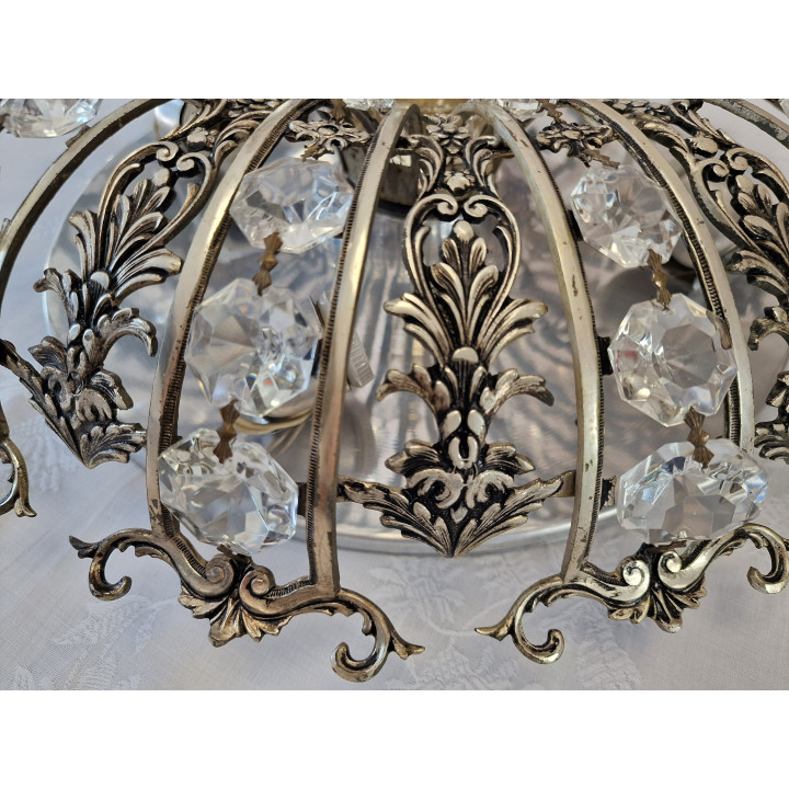 Vintage 1960s Spanish Silvered Brass & Crystal Flush Mount Lamp