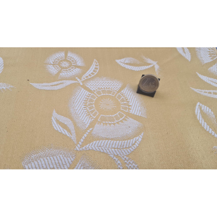 Vintage Jacquard Stof Jaren 60 - Mosterdgeel Bloemmotief (4,4m)