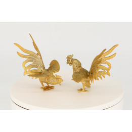 Vintage Golden Metal Fighting Cock Sculptures - Set of 2