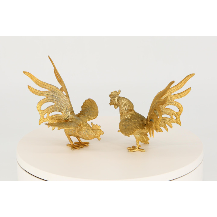 Vintage Golden Metal Fighting Cock Sculptures - Set of 2