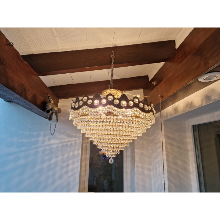 1960s Vintage Spanish Cascade Chandelier, Bronze & Glass