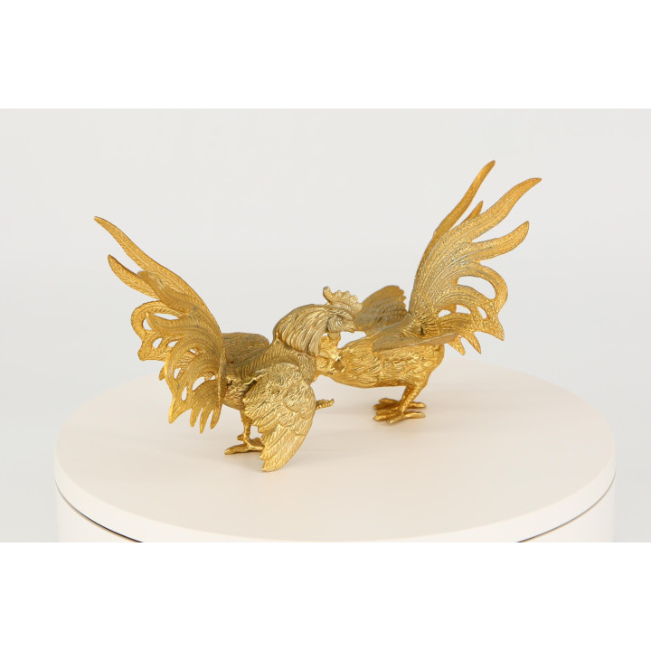 Vintage Gouden Metalen Vechthaan Sculpturen (Set van 2)