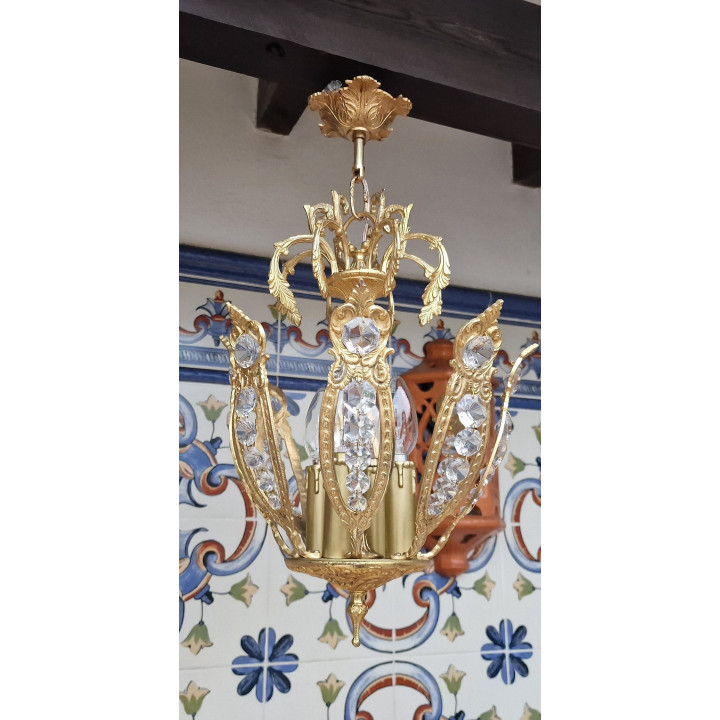 1960s Spanish Vintage Brass & Crystal Chandelier