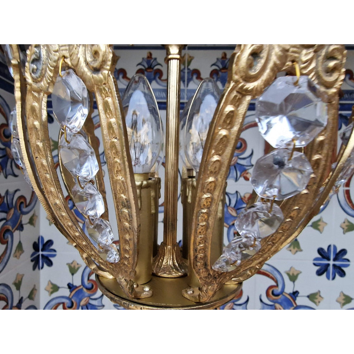 1960s Spanish Vintage Brass & Crystal Chandelier