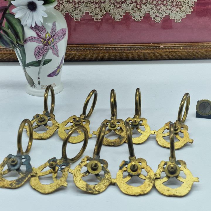 10 Anneaux de Rideau en Bronze Doré Louis XVI - Laurier
