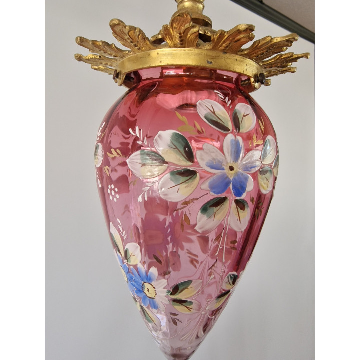 Vintage Spanish Bronze Ceiling Lamp Pink Glass