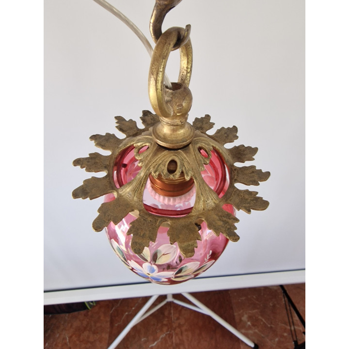 Lustre Vintage en Bronze et Verre Rose Peint
