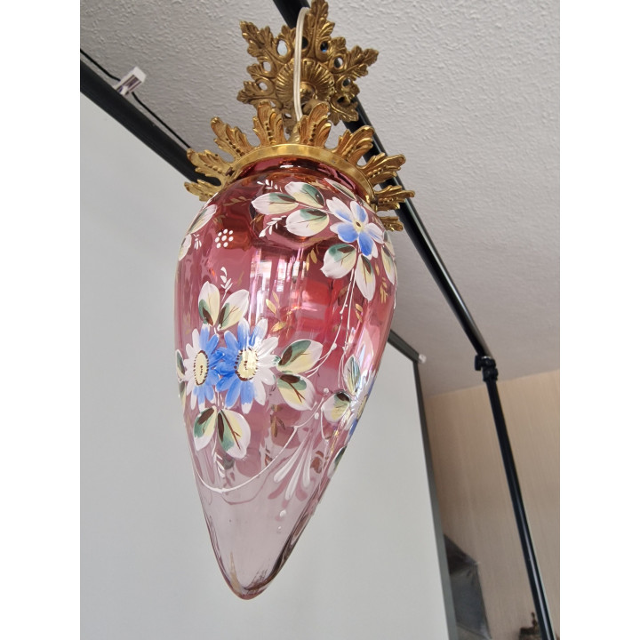 Lámpara de Techo Vintage de Bronce y Cristal Rosa
